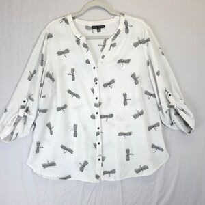 Sara Michelle Dragonfly Blouse 2X Ivory Button Front Roll Tab Sleeve Top Causal